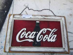 lot 93 image: Stain glass coca cola wood framed wall art 1910