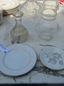 lot 98 image: 2 NORITAKE  bread plates- mini rose plate- glass canister and more