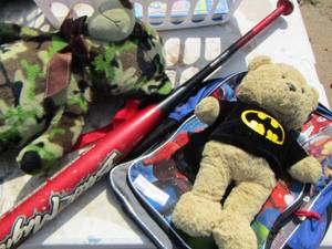 lot 108 image: 2 teddy bears- baseball bat- hero backpack