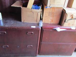 lot 165 image: WOODEN LATERAL FILE CABINETS 2 drawer  qty 2  &  large lot of binders and various other office schooling items