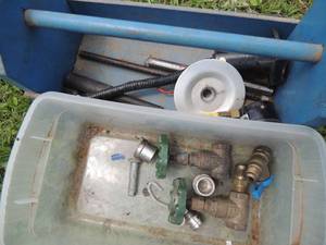 lot 244 image: faucet valves shut off valves blue toolbox, pressure gauge