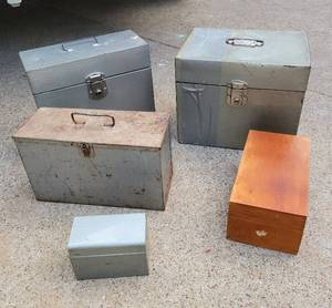 lot 19 image: Way Cool Lot of 5 Vintage mid century industrial office type wood and metal boxes