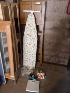 lot 66 image: Behind-The-Toilet bathroom cabinet storage shelving, 2 irons, ironing board and more, see below