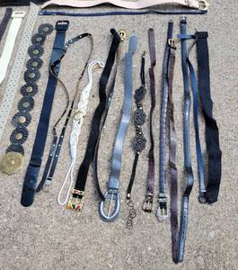 lot 50 image: LARGE lot of assorted belts, many are vintage  metal, leather, rope, vinyl, you name it