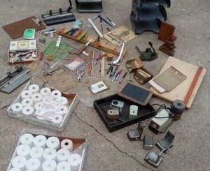 lot 43 image: Large Way Cool Lot of vintage mostly mid century office supplies to include old fountain pens, industrial type metal stacking desk trays, see below for details