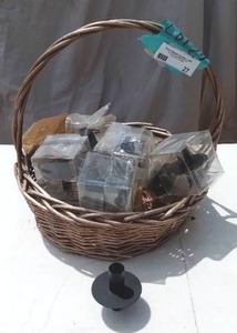 lot 27 image: Handled Basket with 12 new bronze metal Candle Light Prayer Vigil candle holders