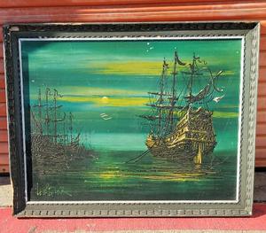 lot 216 image: Large Sized Wall Art Lot Including Large Ship Painting By Lee Burr
