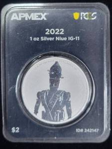 lot 293 image: Silver Star Wars APMEX PCGS 2022 One Ounce Silver Niue IG-11 Coin