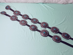 lot 26 image: NEW - (x2) Rancho Estancia Black Leather with Turquoise Gem - Billo Concho Western Belt R5F308-E019 x2