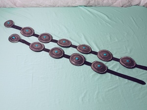 lot 25 image: NEW - (x2) Rancho Estancia Black Leather with Turquoise Gem - Billo Concho Western Belt R5F308-E019 x2 - QV DESCR