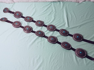 lot 41 image: NEW - (x2) Rancho Estancia Black Leather with Turquoise Gem - Billo Concho Western Belt R5F308-E019 x2 - QV DESCR