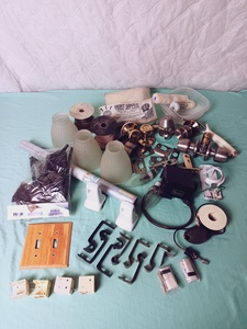 lot 18 image: Mixed Lot of Parts w Doorknobs, Wiring, Heatsaver, Lights, Bulb Covers, Paintbrushes, Rod Hooks, Etc.