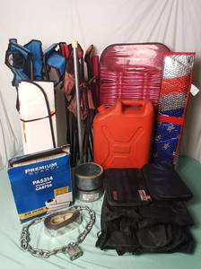 lot 53 image: Mixed Lot of Equipment w (3) Foldable Seats, (2) Car Sun Shades, Gas Tank, 6 Galv Roll Valley Mill, NEW in Box Premium Guard PA5314 Air Filter Replacement for FRAM CA8756, Chain, Aluminum Flashing Roll, and Vehicle Carrying Tote - QV DESCR