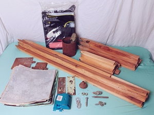lot 54 image: Mixed Lot of Multi Size Wood Stakes, Painting Tray Kit, Linoleum Flooring Tiles, Vintage Door Hardware, Carlon Lamson & Sessons B117RSW Work Outlet Box, Etc.