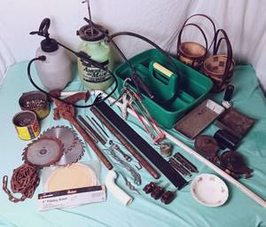 lot 52 image: Mixed Lot of Parts w Vintage Water Pump, Saw Blades, Polishing Bonnets, Nails, Screws, Home and Garden Spray Tanks, Baskets, Vintage Wheels, Bits, Etc.