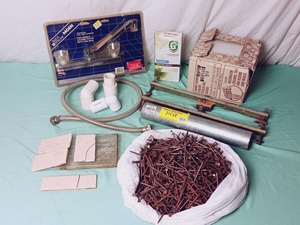 lot 55 image: Mixed Lot of Plumbing, NEW Aqua Stream Moen Faucet, Open Box Guardian Leather Furniture Care Kit, Diamond Series Decorative Ceramic Tile Color DIA-20 6685408 Shade 519, Heavy Duty Post, Nails, Etc. - QV DESCR