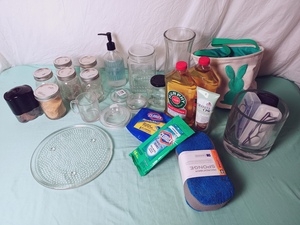lot 66 image: Mixed Lot of Mason Jars, Large Candle Decor Base, Soap Despenser, Glass JarsContainers, Cleaning Supplies, Baskets, Glasses, Etc.