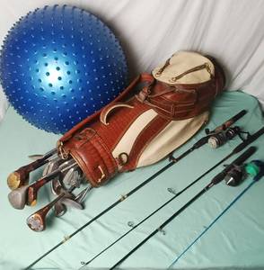lot 71 image: Mixed Sports Lot - Vintage Golf Set w Bag, 4 Pc Fishing Poles, and Exercise Ball
