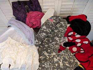 lot 125 image: Dress Up Set w Squatty Potty Bathroom Stool, Includes Army Costume, 2 Skirts, Y2K Quilted Oversized Tote, Pink Zipper Purse, Purple and Blue Scarves, and Disneys Minni Mouse Robe Wearable Blanket Towel
