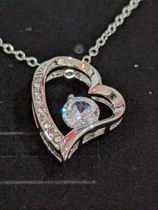 lot 122 image: NEW - Forever Love Open Heart Pendant Necklace - Stainless Steal 14k White Gold Finish W Cubic Zirconia
