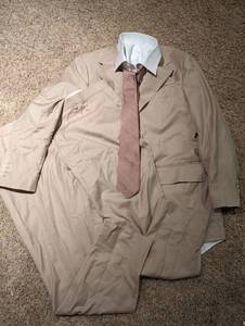 lot 111 image: Mens Monjuarez Tan Dress Suit Style # KXK0000 w Golden House Custom Cravats Tie and White Under Shirt
