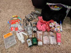 lot 105 image: 24 Pc Mix Set w Hand Sanitizer, Lip Balm, Lotion, Lovery Products, Face Mask, Safety Pins, Hair Scrunchies, Bag Full of Various Color Embroidery Sponn Stitch Threads