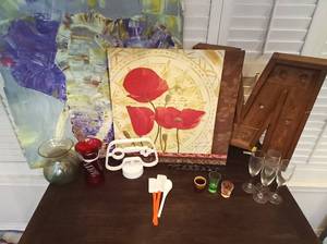 lot 90 image: 17 Pc Decor Set w 2 Vases, 4 Champagne Glasses, Spatulas, Gaming Light, Large Light Up Wood Block Letter M, Red Corn Poppy Canvas, Large Abstract Art Elephant Canvas, Shot Glasses, Etc.