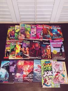 lot 91 image: 22 Pc Book Set w 12 Goosebumps Books, 2 Hello Neighbor Books, Minecraft, Jokes, Poptropica, Killer Species, and 4 Pt Series of Girls Survive