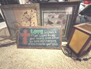 lot 98 image: 5 Pc Decor Set w Canvas Cross Painting, Intertek Accents Table Lamp, Wrought Iron Shelf, Tandi Venter In the Breeze Framed Canvas, and Vintage Rendition Floral Bird Framed Canvas