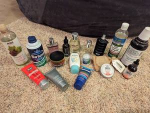 lot 103 image: 18 Pc Mens Health Set w Aqua H2o, Bros New York Obscure, Bros Mens Impression, Approach Intense, Smooth Beard Products, Beard Oil, Lotion, Etc