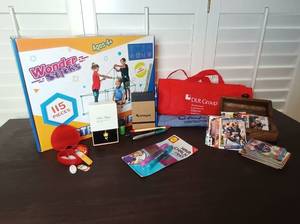 lot 76 image: 97 Pc Set w 72 Football Playing Cards, Treasure Chest, Tags in Heart Box, Pens, Notepad, Jewelry, STEM Wonder Sticks, and More