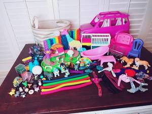 lot 79 image: Over 60 Pc Toy Play Set w Fidget Toys, Bluey Minifigures, Despicable Me Minifigures, Barbie Jeep, Furniture, Clothing, Pets, And More