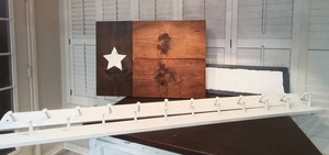 lot 138 image: Wood Decor Ft. Large TX Flag Concealment Cabinet, (2) XL Hanging Racks, & Wood Sign - QV DESCR