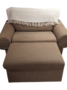 lot 132 image: Home Reserve Pulse Cocoa Modular Loveseat and Ottoman and Offwhite Fringe Throw with Storage in Ottoman and Two Storage Units in Loveseat - QV DESCR