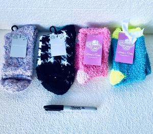 lot 223 image: Lot Of 4 New With Tags - (2) Snuggle Feet Womens Socks, Fits Shoe Size 5-9 & Fits Socks Size 9-11 - & (2) West Loop Womens Cozy Fuzzy Socks, Shoe Size 4-10, 4 Pairs Total - In Style & Color As Shown