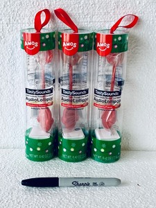 lot 366 image: Lot Of 3 - New Amos Tasty Sounds Listen To Music Through Your Mouth Audio Lollipop Strawberry Flavor, .42 Oz Per Bottle - As Shown - Total Retail $30