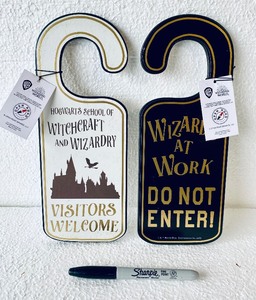 lot 378 image: Lot Of 2 - New With Tags Wizarding World Harry Potter Double-Sided Reversible Wood Door Hanger, Wizards at Work & Vistors Welcome - As Shown - Total Retail $36