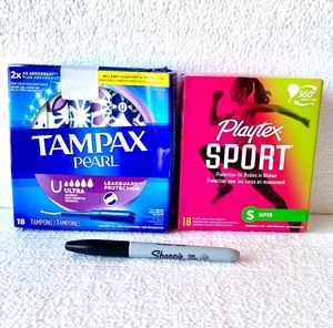 lot 420 image: Lot Of 2 New - (1) Playtex Sport Plastic Super Unscented Tampons, 18Ct & (1) Tampax Pearl Ultra Unscented Tampons, 18Ct - As Shown - Total Retail $34