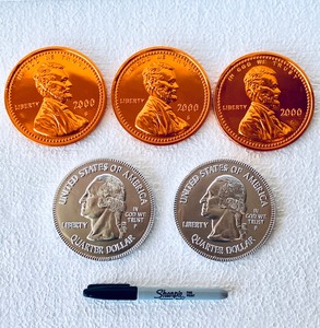 lot 421 image: Lot Of 5 New - Nice Giant Milk Chocolate Coins, (3) Pennies & (2) Quarters, 2.04 Oz Each Coin - As Shown
