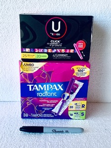 lot 422 image: Lot Of 2 New - (1) Kotex 20 Super, 25 Regular Unscented Tampons & (1) Tampax Radiant 14 Super, 19 Regular Unscented Tampons - As Shown - Total Retail $21 - READ