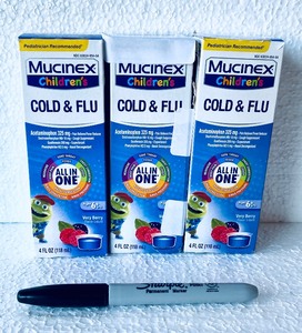 lot 451 image: Lot Of 3 - New Mucinex Childrens Multi-Symptom Cold and Sore Throat Relief Liquid Very Berry, 4 Fl Oz Each - As Shown - Total Retail $30