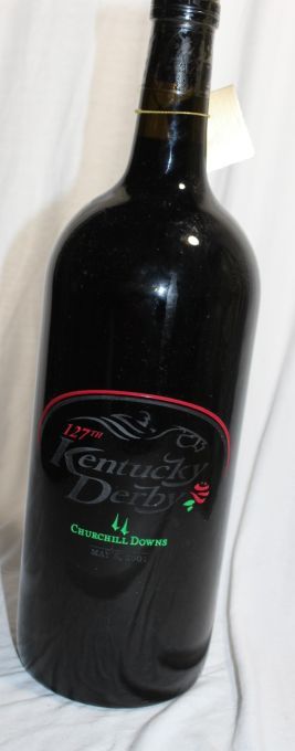 lot 2 image: Kentucky Derby 2001 Collectors Bottle of Wine - 17 Tall and 5 wide at base (Not for Consumption, FOR COLLECTORS PURPOSES ONLY, Must Be 21 to Purchase)