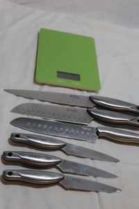 lot 134 image: Kitchen Scale and Knife Set As Shown