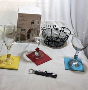 lot 182 image: Oil and Vinegar Set, Basket, Wine Glasses, and Wine Coasters and glass Markers