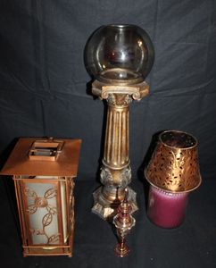 lot 32 image: Lantern Style Candle with holder, Jar candle wih Decorative Spin and pillar with Globe