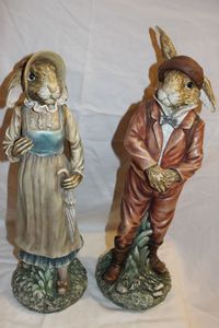 lot 16 image: Vintage Rare Find Chrisdon Resin Mrs. and Mr. Rabbit Bunny Statues Approx 19 inches Tall