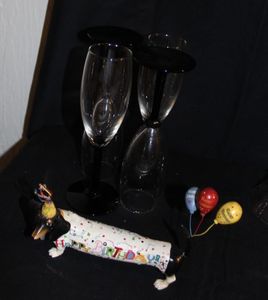 lot 69 image: Champange Glasses and Happy Birthday weenie dog