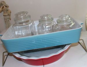lot 77 image: Ceramic pie plate, cake pan with stand and glass canisters