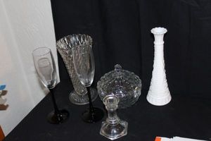 lot 82 image: Milk glass vase, Covered glass dish, candle holders and champagne glasses