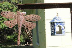 lot 146 image: Metal Dragon Fly and Blue Ceramic Bird House